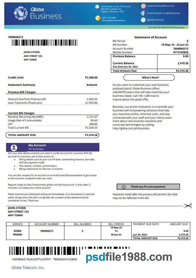 Philippines Globe Business Utility Bill